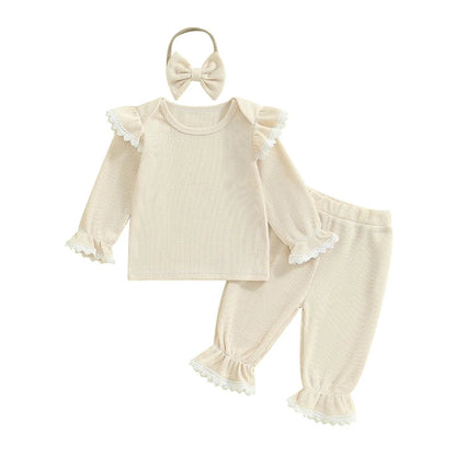 Baby Toddler Girls 3Pcs Waffle Set Lace Trim Long Sleeve Ruffled Top Elastic Waist Long Pants Hairband Outfit