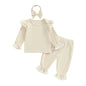Baby Toddler Girls 3Pcs Waffle Set Lace Trim Long Sleeve Ruffled Top Elastic Waist Long Pants Hairband Outfit