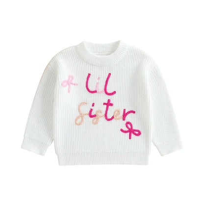 Baby Toddler Girls Lil/Big Sister Sweater Letter Bow Embroidery Crew Neck Long Sleeve Pullover Knit Top