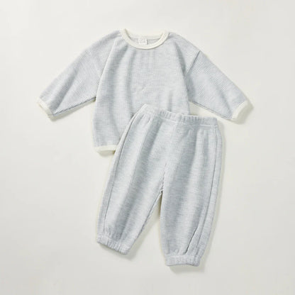 Baby Boys Girls 2Pcs Long Sleeve Waffle Cotton Pullover Crewneck Top + Pants Jogger Set Outfit