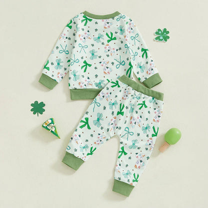 Baby Toddler Girls 2Pcs St. Patrick's Day Outfit Long Sleeve O Neck Bow Clover Shamrock Print Top Pants Jogger Set