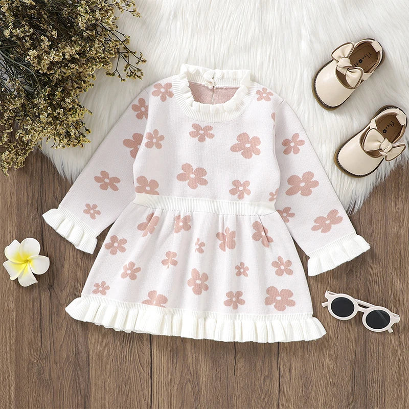 Baby Toddler Girl Long Sleeve Flower Floral Print Ruffle Sweater A-Line Dress