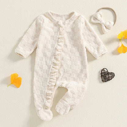 Baby Girls 2Pcs Outfit Frill Trim Long Sleeve Footed Jumpsuit Bow Headband Fall Set