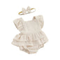 Baby Girls 2Pcs Romper Dress Solid Color Fly Sleeve Skirt Hem Tank Top Bodysuit Summer Clothes with Headband Set