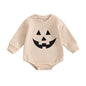 Baby Girls Boys Halloween Romper Casual Pumpkin Jack O Lantern Face Print Round Neck Long Sleeve Jumpsuit