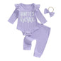 Baby Girls 3Pcs Auntie's Bestie Ribbed Letter Print Long Sleeve Round Neck Ruffled Romper Pants Hair Band Outfit Set