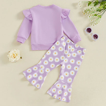 Toddler Kids Girls 2Pcs Fall Outfit Flying Sleeve Solid Color Pullover Top with Flower Floral Flared Pants Set