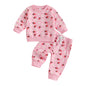 Baby Toddler Girl 2Pcs Fall Outfit Strawberry Flower Print Crew Neck Long Sleeve Top with Jogger Pants Set