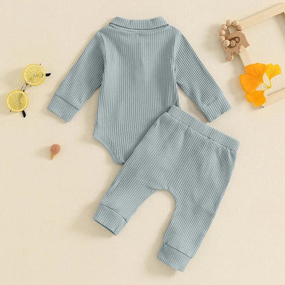 Baby Boys Girls 2Pcs Ribbed Set Button Long Sleeve Romper with Collar Drawstring Pocket Long Pants Outfit Clothes