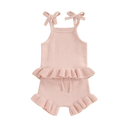 Baby Girl 2Pcs Outfits Knit Solid Color Sleeveless Cami Tank Top Tie with Elastic Waist Shorts Outfit Set