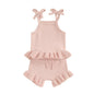 Baby Girl 2Pcs Outfits Knit Solid Color Sleeveless Cami Tank Top Tie with Elastic Waist Shorts Outfit Set