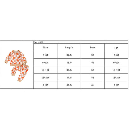 Baby Toddler Boys Girls 2Pcs Halloween Thanksgiving Outfit Checkered Pumpkin Print Long Sleeve Top and Long Pants Set