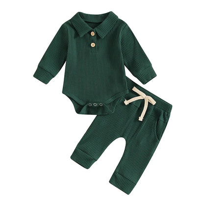 Baby Boys Girls 2Pcs Ribbed Set Button Long Sleeve Romper with Collar Drawstring Pocket Long Pants Outfit Clothes