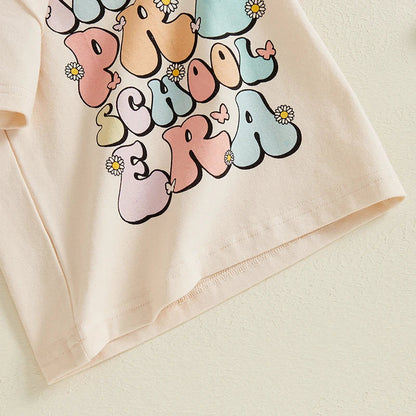 Toddler Kids Girls In My Preschool Era Back to School Colorful Letter & Floral Flowers Print Round Neck Short Sleeve Top