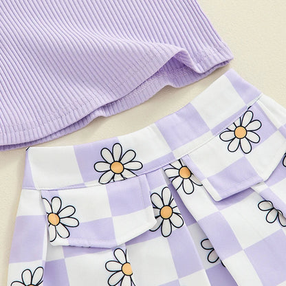 Toddler Kids Girls 2Pcs Summer Outfit Mesh Flower Sleeve Ribbed Top Floral Checker Print Skirt Set