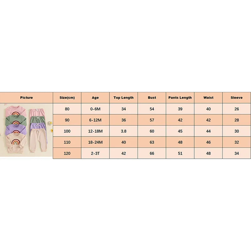 Baby Toddler Girls 2Pcs Outfit Embroidery Rainbow Long Sleeve Crew Neck Top with Elastic Waist Pants Set