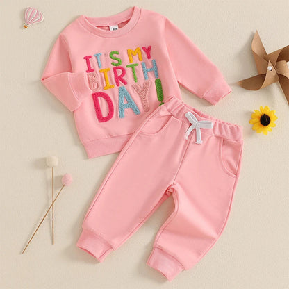 Baby Toddler Kids Girls It's My Birthday Outfit Letter Embroidery Long Sleeve Crew Neck Pullover Top with Solid Long Pants Jogger Set