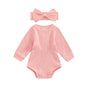 Baby Girls Spring Fall Solid Color Round Neck Long Sleeve Ribbed Romper Bow Headband Set