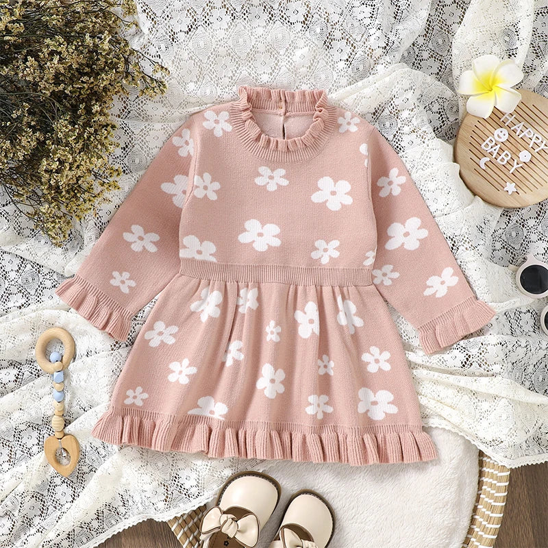 Baby Toddler Girl Long Sleeve Flower Floral Print Ruffle Sweater A-Line Dress