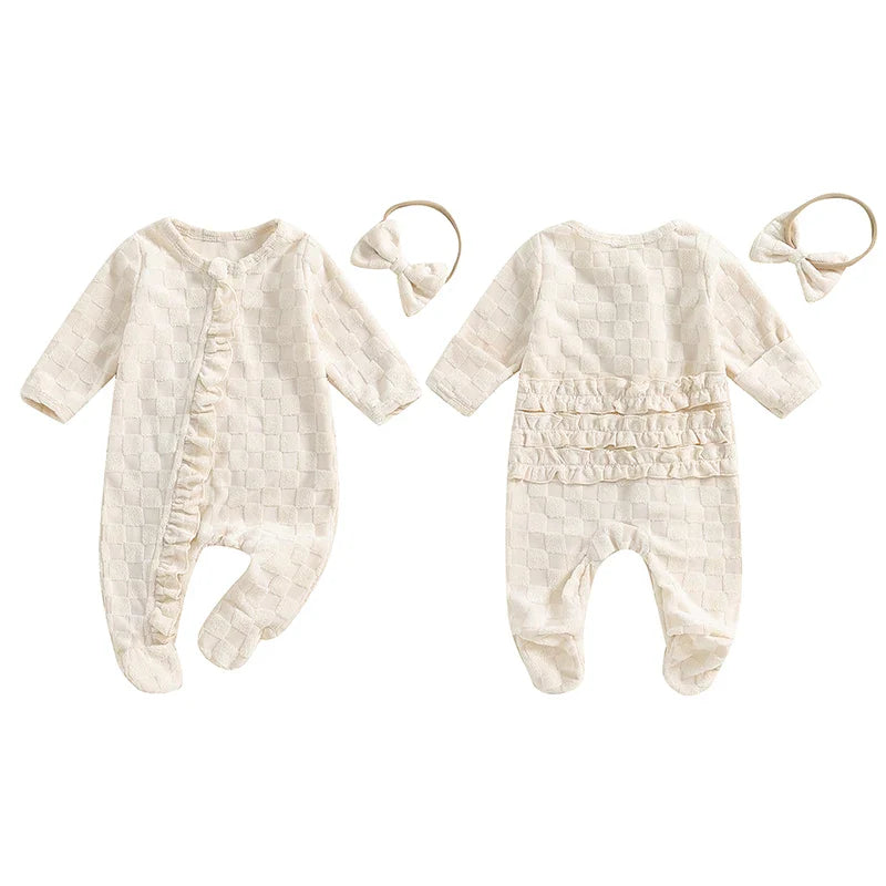 Baby Girls 2Pcs Outfit Frill Trim Long Sleeve Footed Jumpsuit Bow Headband Fall Set