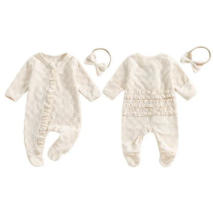 Baby Girls 2Pcs Outfit Frill Trim Long Sleeve Footed Jumpsuit Bow Headband Fall Set