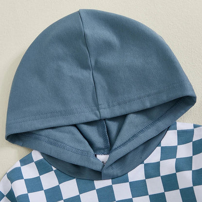 Baby Toddler Boys 2Pcs Outfit Checker Print Long Sleeve Hooded Top Hoodie with Elastic Waist Long Pants Jogger Set
