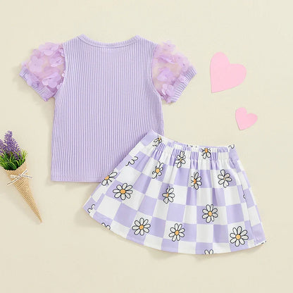 Toddler Kids Girls 2Pcs Summer Outfit Mesh Flower Sleeve Ribbed Top Floral Checker Print Skirt Set