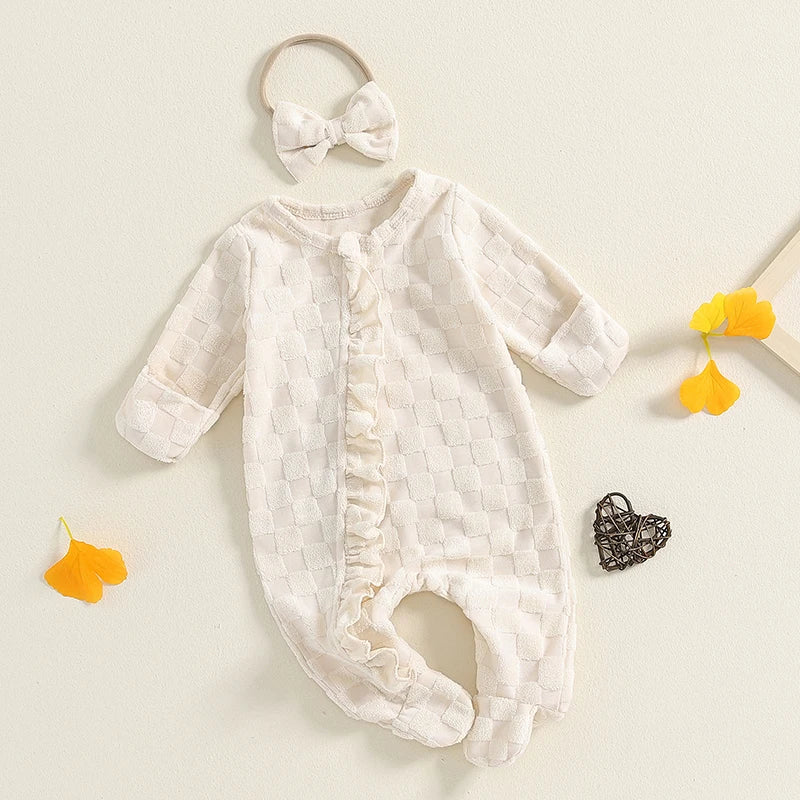 Baby Girls 2Pcs Outfit Frill Trim Long Sleeve Footed Jumpsuit Bow Headband Fall Set