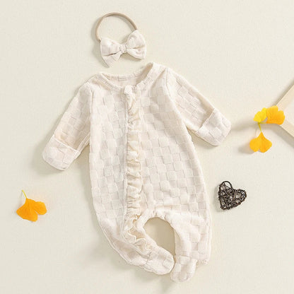 Baby Girls 2Pcs Outfit Frill Trim Long Sleeve Footed Jumpsuit Bow Headband Fall Set