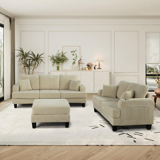 Beige 3 Piece Set Comfy Sofa Couch 3-Seater & Loveseat Sofa with Storage Ottoman for Living Room with USB, Side Pockets, Pillows included