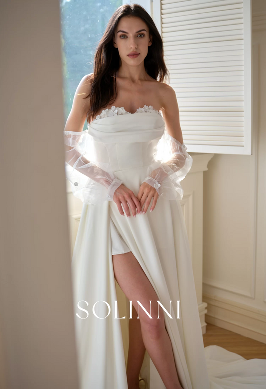 Aluna – Crepe Wedding Dress with 3D Florals and Detachable Sleeves