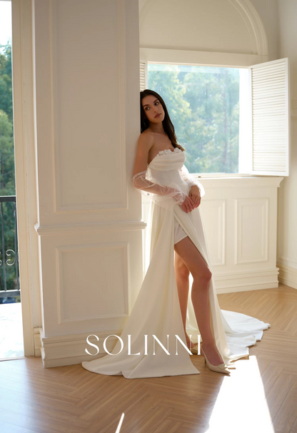 Aluna – Crepe Wedding Dress with 3D Florals and Detachable Sleeves