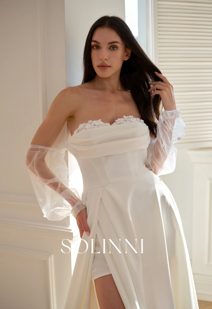 Aluna – Crepe Wedding Dress with 3D Florals and Detachable Sleeves