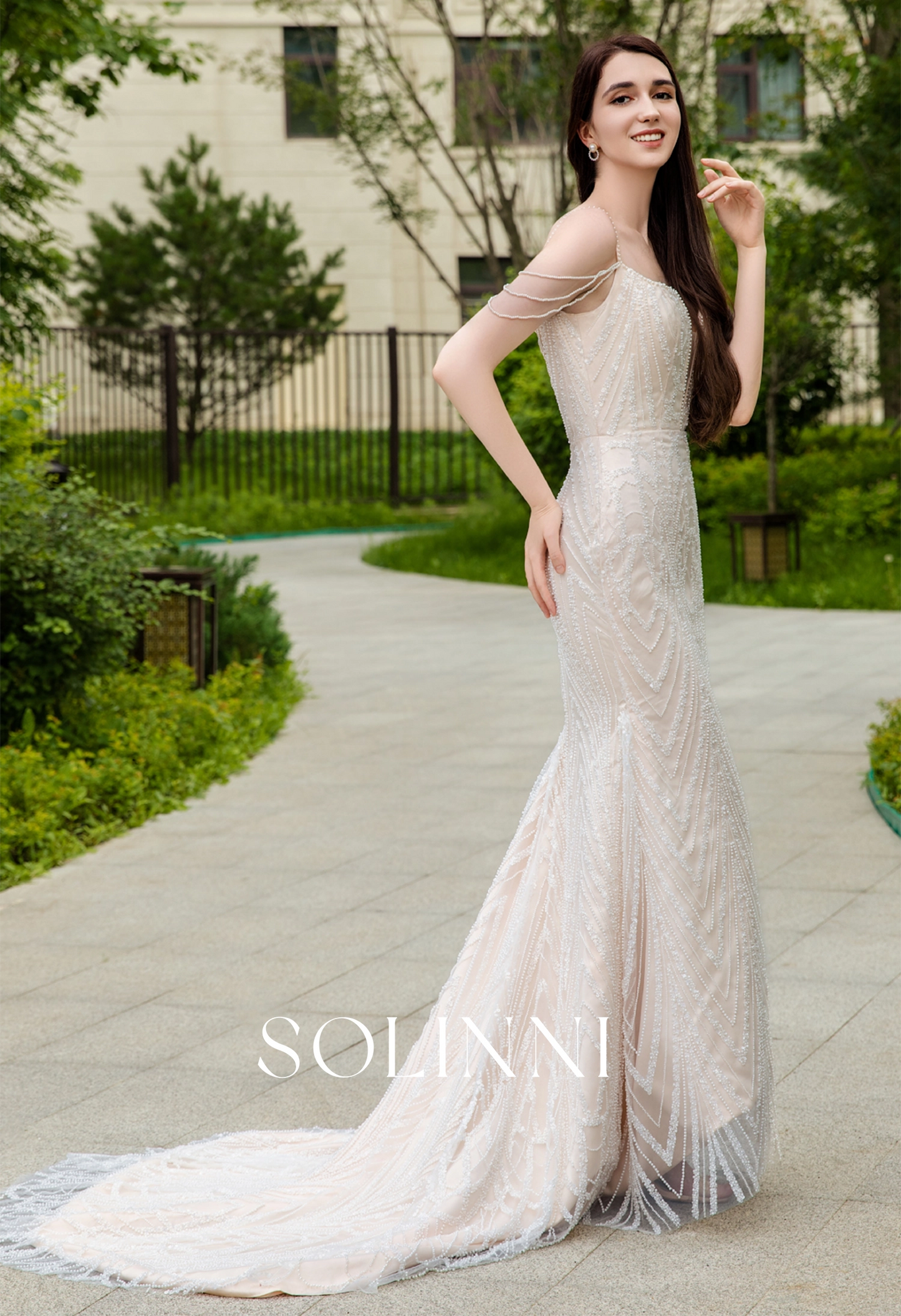 Intricate Beaded Lace Wedding Dress with Pearl Chain Detailing