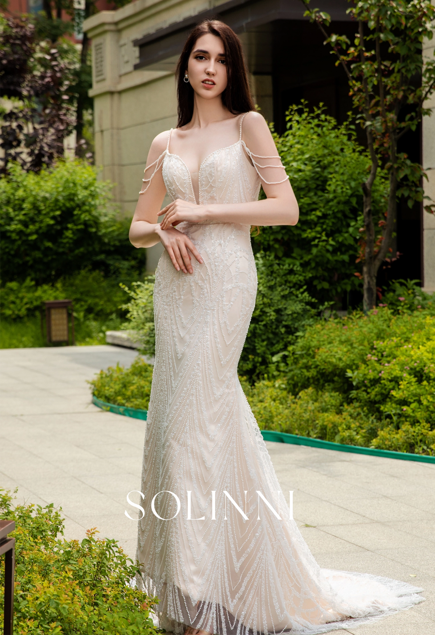 Intricate Beaded Lace Wedding Dress with Pearl Chain Detailing