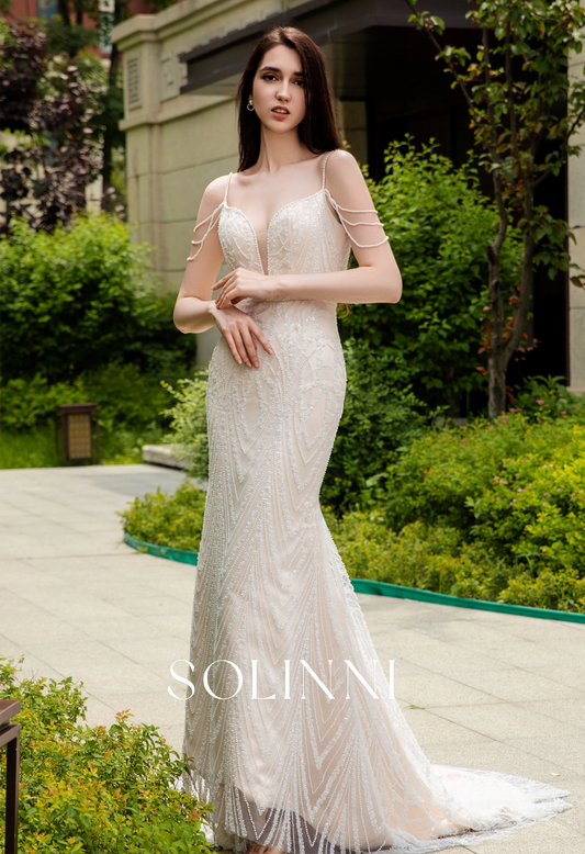 Intricate Beaded Lace Wedding Dress with Pearl Chain Detailing