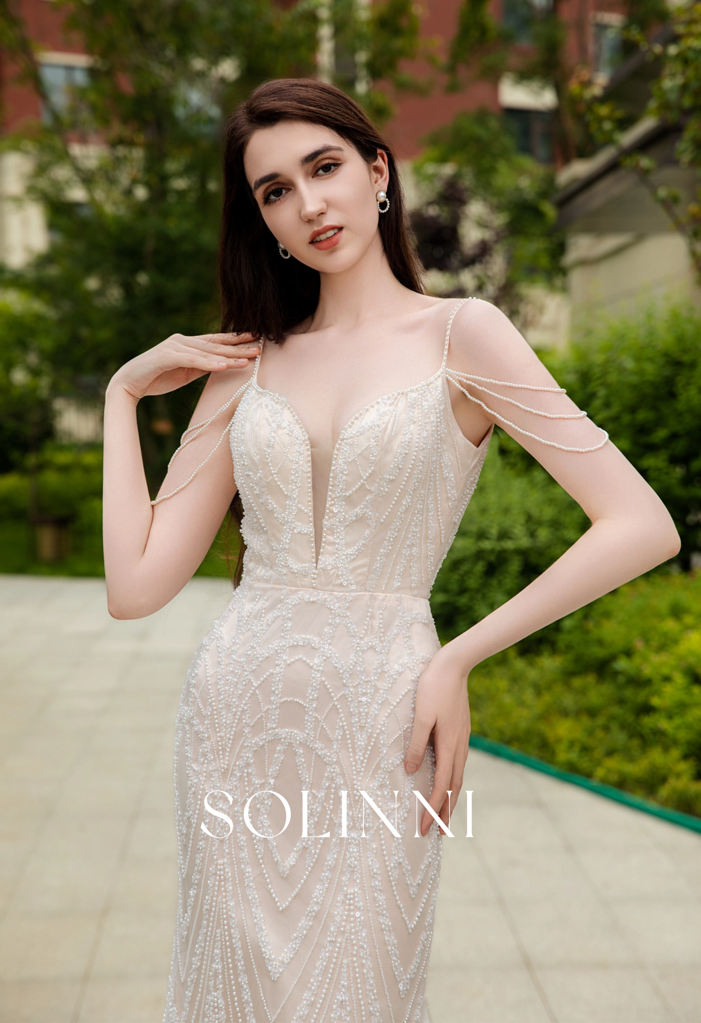 Intricate Beaded Lace Wedding Dress with Pearl Chain Detailing
