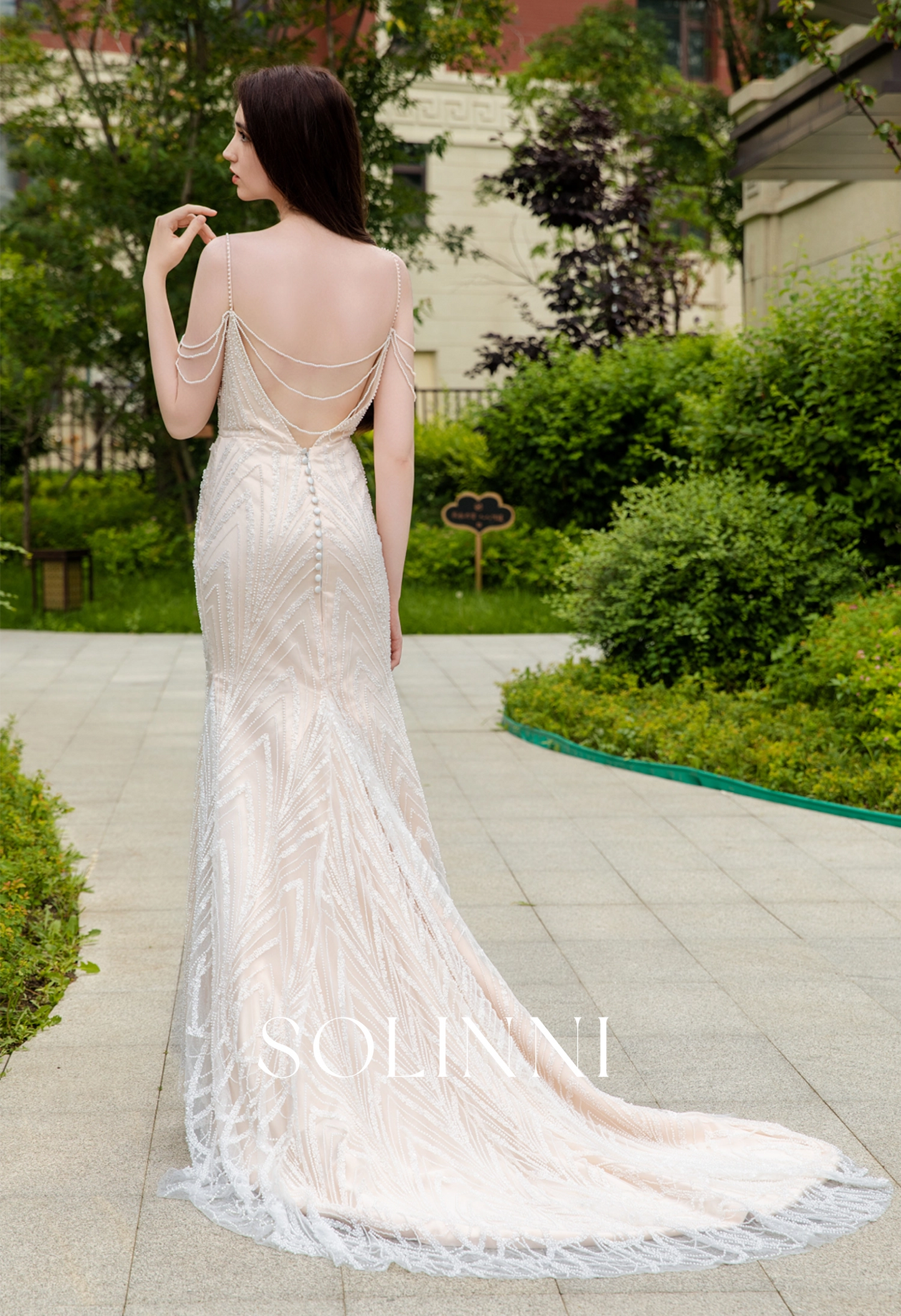 Intricate Beaded Lace Wedding Dress with Pearl Chain Detailing