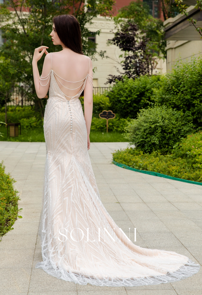 Intricate Beaded Lace Wedding Dress with Pearl Chain Detailing