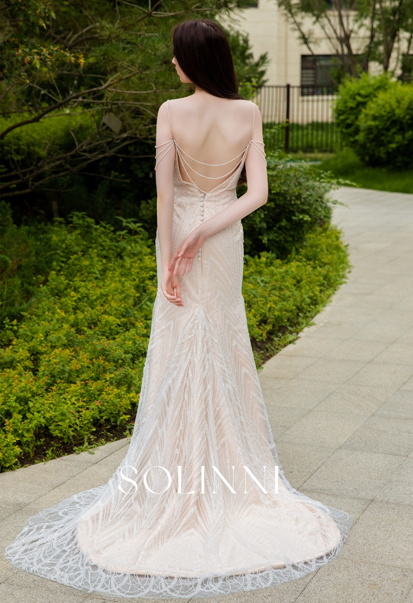 Intricate Beaded Lace Wedding Dress with Pearl Chain Detailing