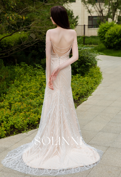 Intricate Beaded Lace Wedding Dress with Pearl Chain Detailing