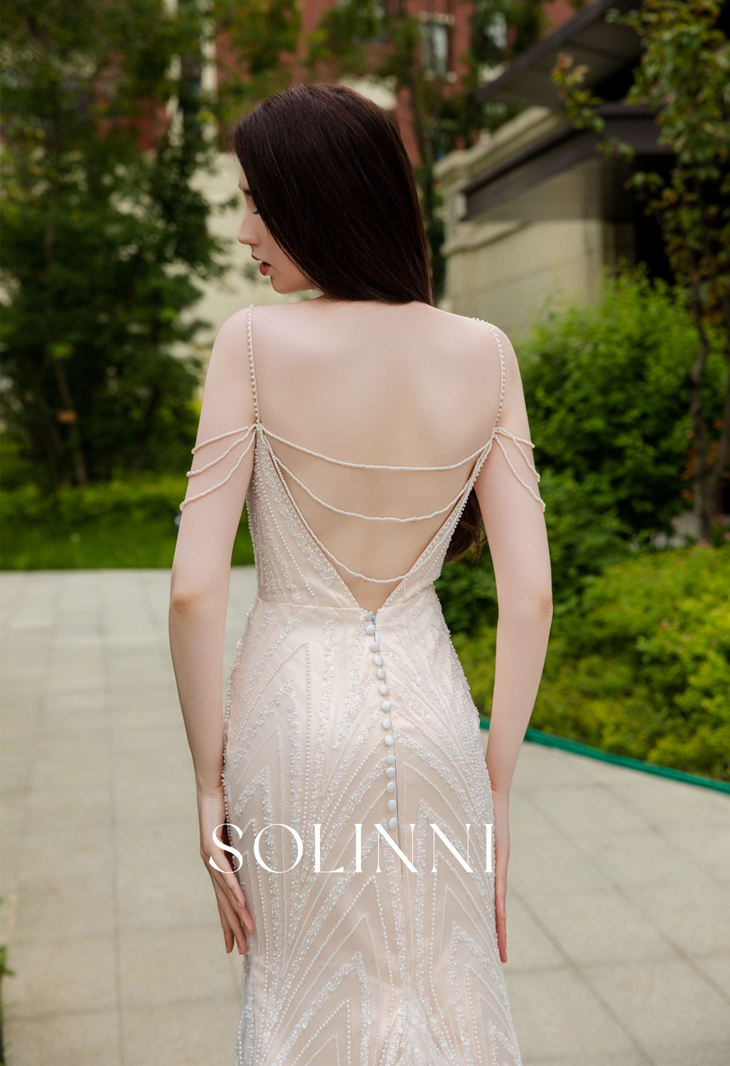 Intricate Beaded Lace Wedding Dress with Pearl Chain Detailing