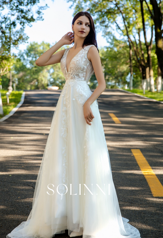 Effortless Grace Wedding Gown with V-Neckline and Ruched Bodice