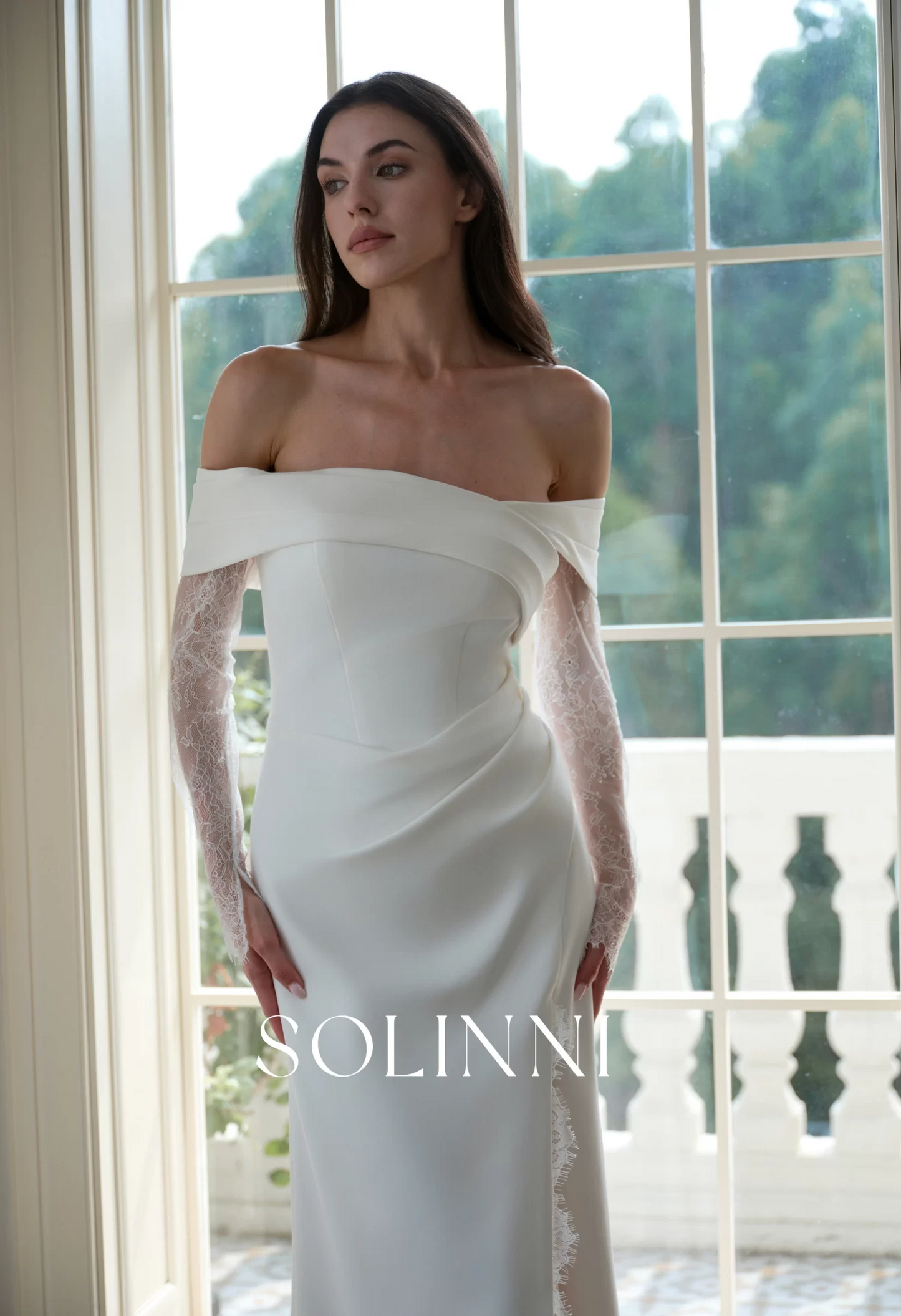 Elin – Crepe Wedding Dress with Off-Shoulder Lace and Slit