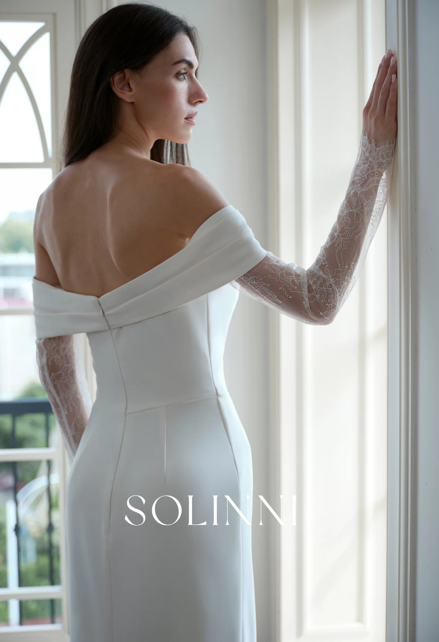 Elin – Crepe Wedding Dress with Off-Shoulder Lace and Slit