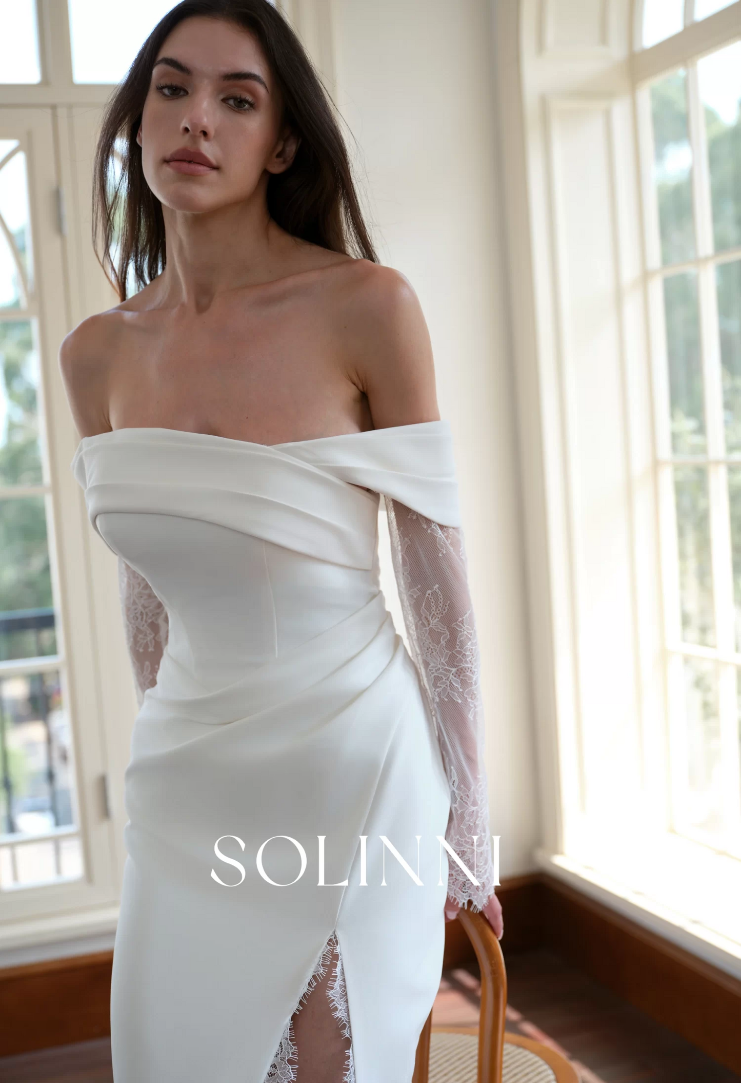 Elin – Crepe Wedding Dress with Off-Shoulder Lace and Slit