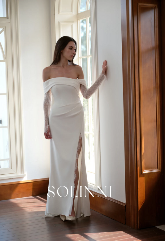 Elin – Crepe Wedding Dress with Off-Shoulder Lace and Slit
