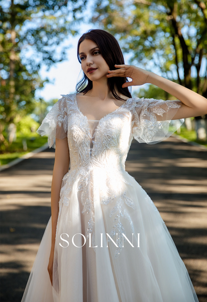 Graceful A-Line Tulle Wedding Dress with Delicate Lace and Removable Sleeves