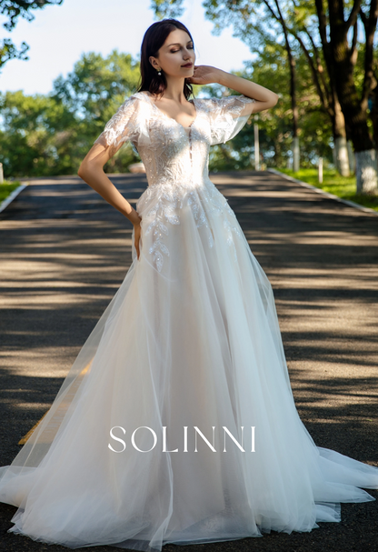 Graceful A-Line Tulle Wedding Dress with Delicate Lace and Removable Sleeves