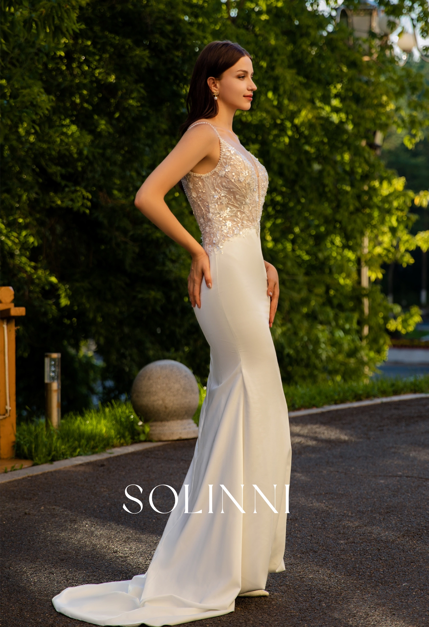 Italian Satin Wedding Dress with 3D Floral Lace and Deep V-Neckline